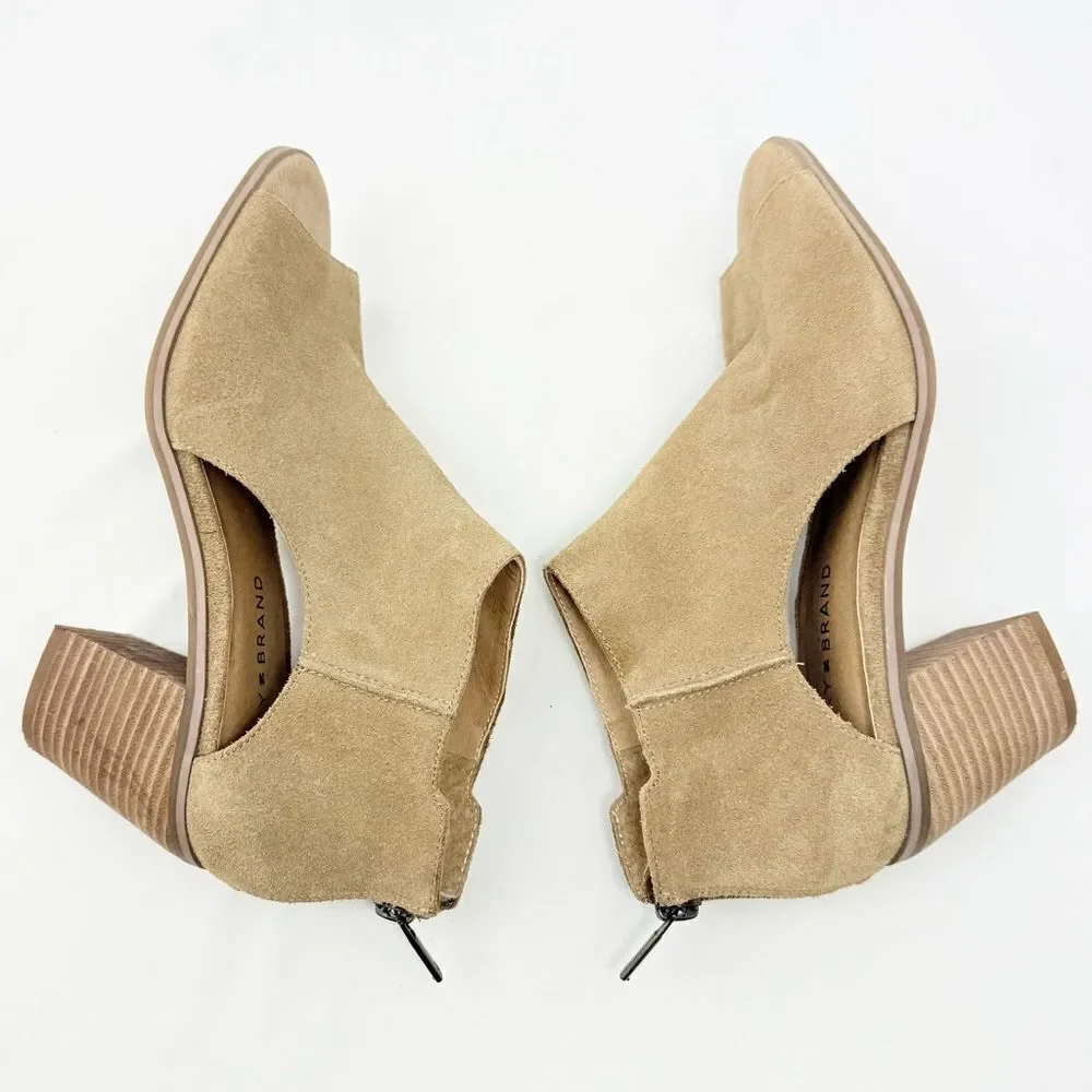 Lucky Brand KEIGHT Tan Suede Keyhole Open Toe Block Heel Ankle Sandal Bootie